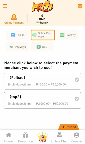 💥Step 1: Select the Online Payment method. 