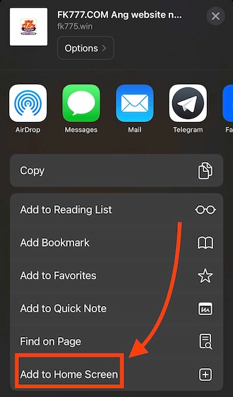 💥Step 2: Select the "Add to Home Screen" option.